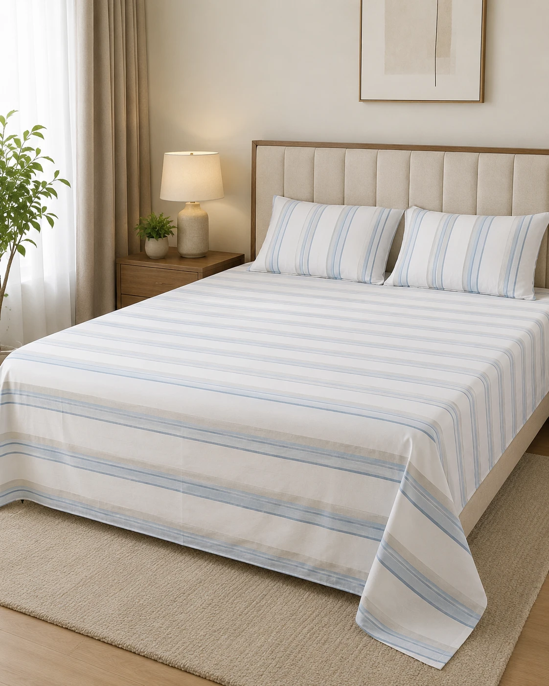 Premium Blue Striped Bedsheet Set with Pillow Covers