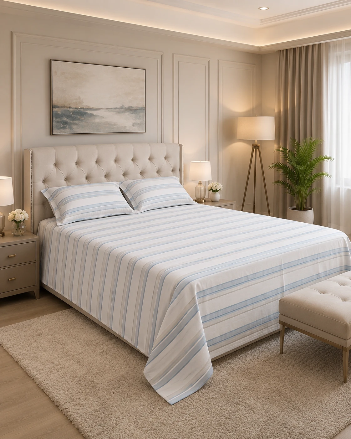 Premium Blue Striped Bedsheet Set with Pillow Covers