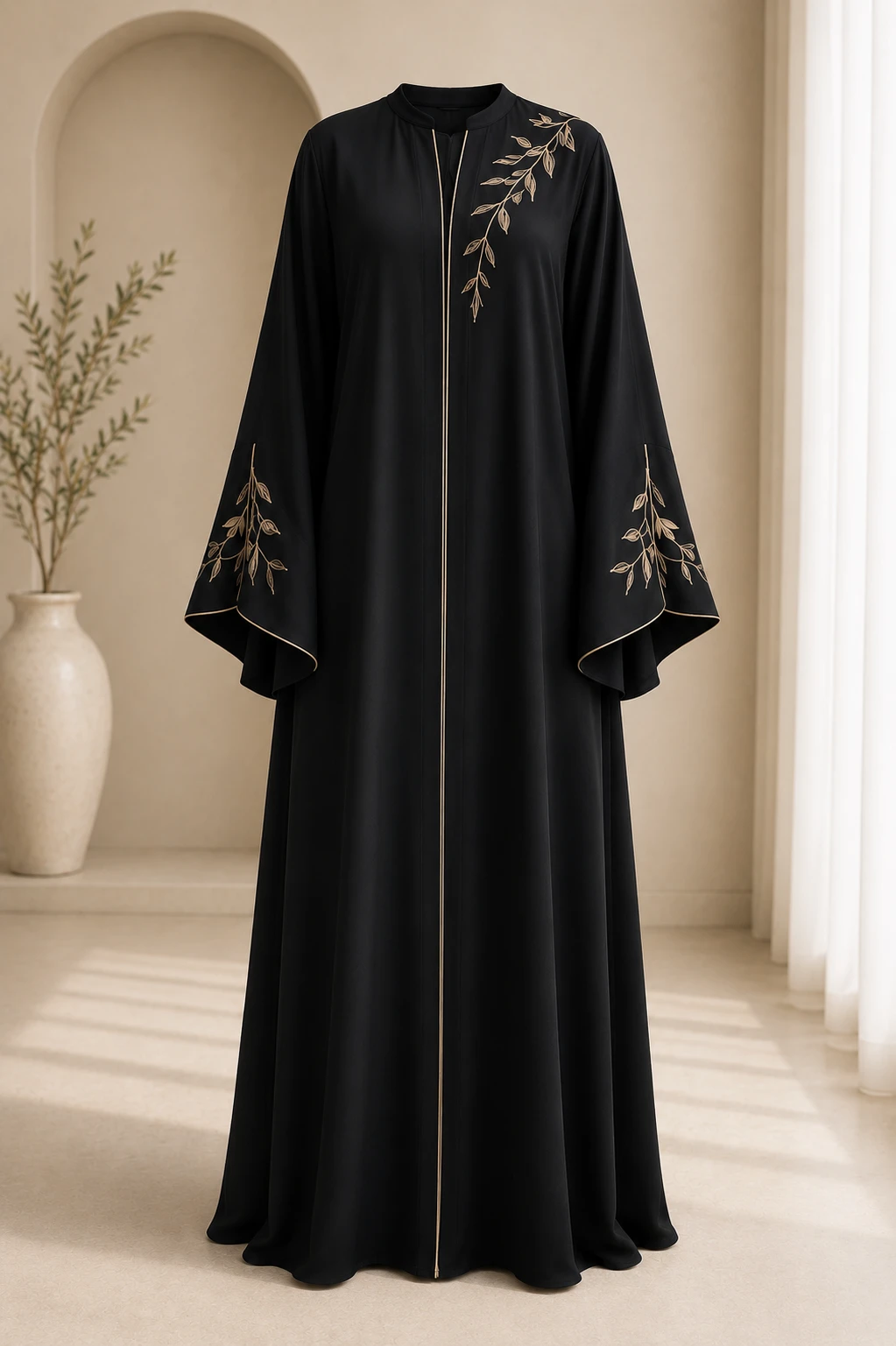 Black Embroidered Open Abaya with Gold Floral Design | Premium Modest Wear