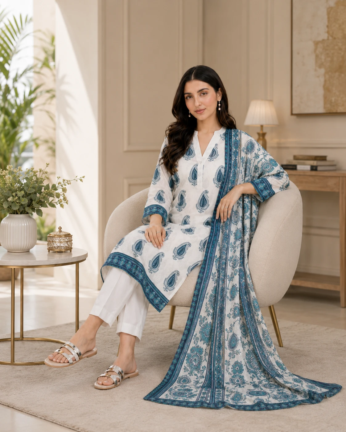 White & Blue Paisley Lawn 3 Piece Unstitched Suit with Printed Dupatta | Premium Summer Collection