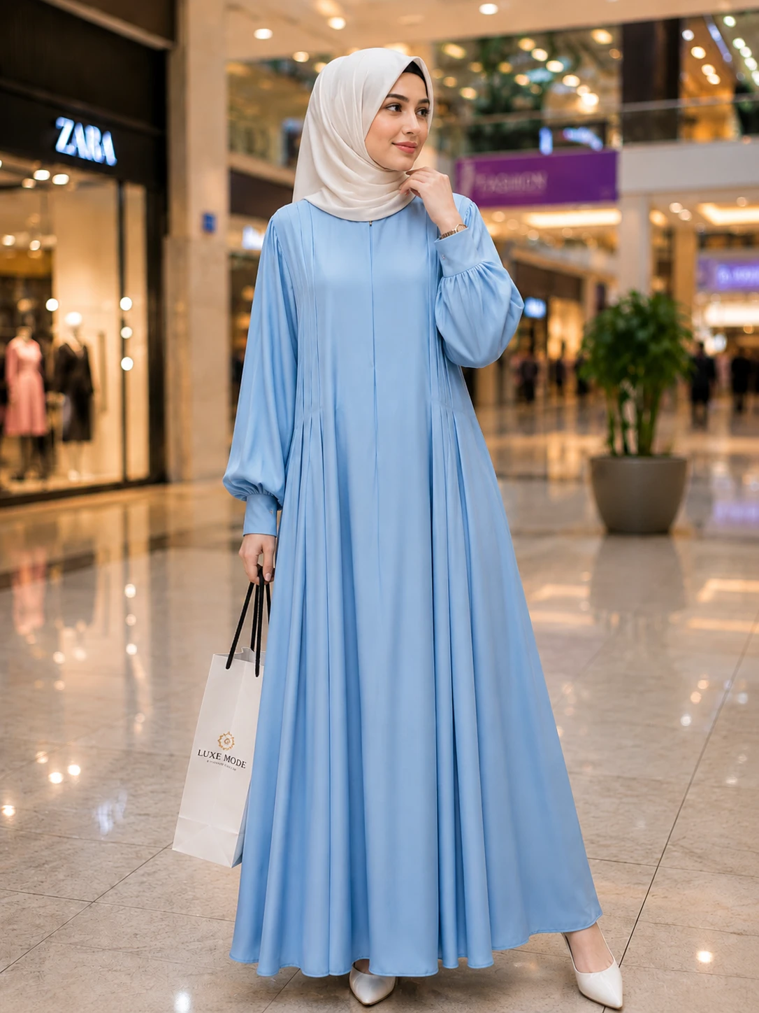 Sky Blue Pleated Front-Zip Abaya for Women