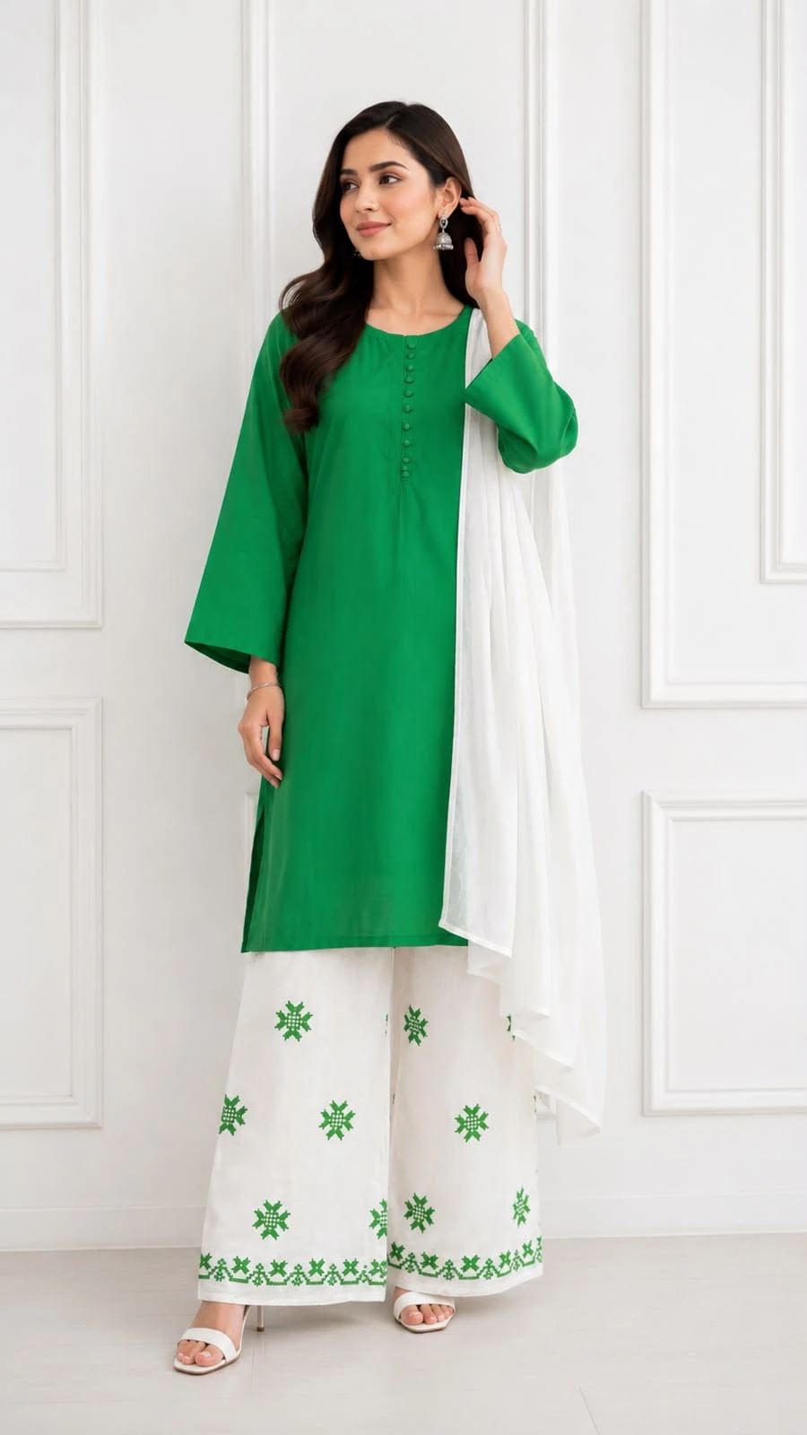 14 August Pakistan Independence Day Green & White 3 Piece Lawn Suit for Women