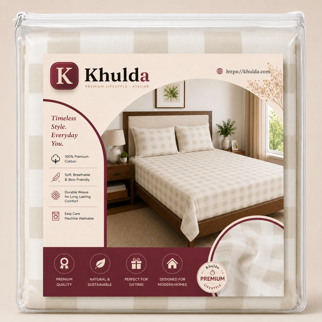 Beige Checkered Bedsheet Set with Pillow Covers