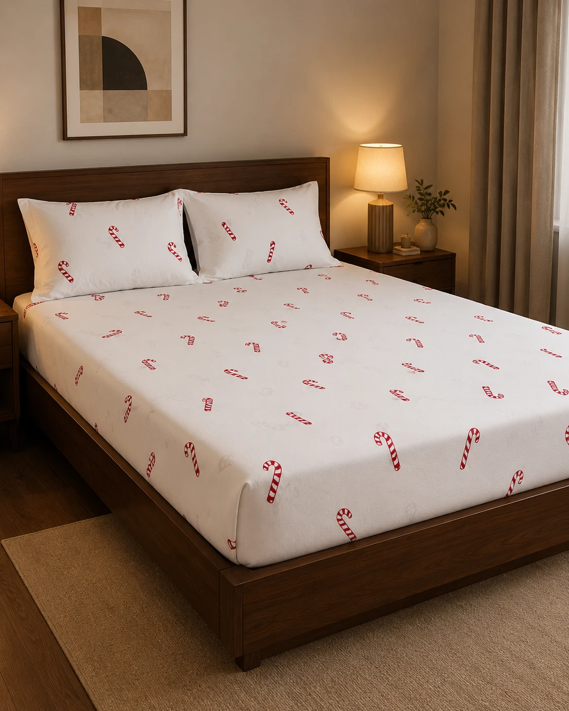 Candy Cane Printed Bedsheet Set with Pillow Covers