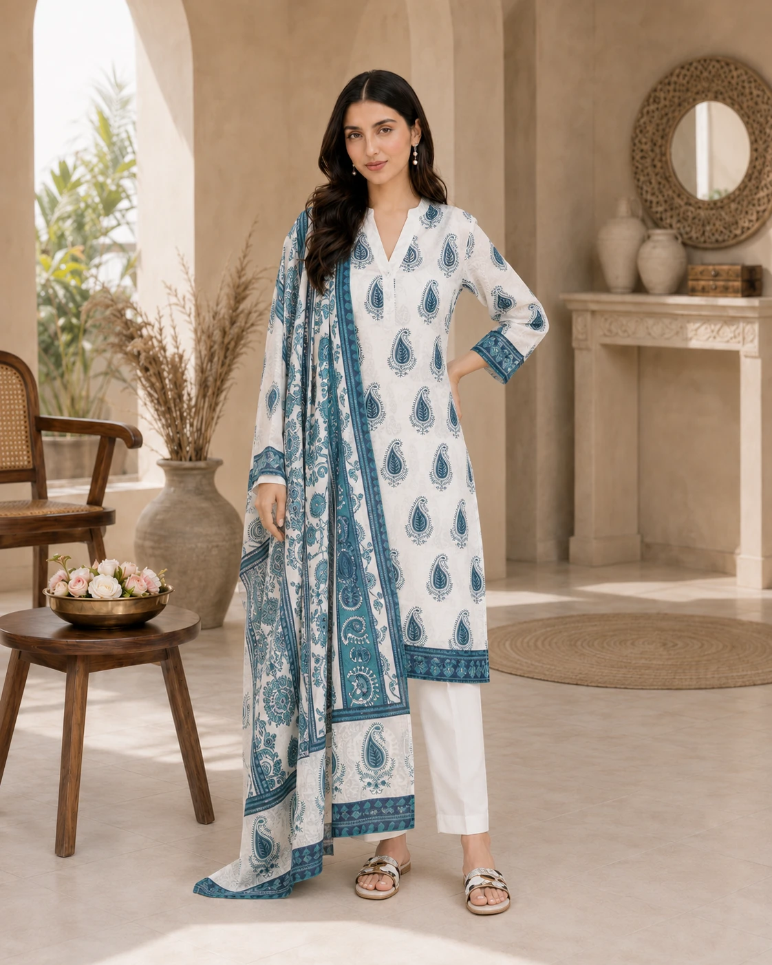 White & Blue Paisley Lawn 3 Piece Unstitched Suit with Printed Dupatta | Premium Summer Collection