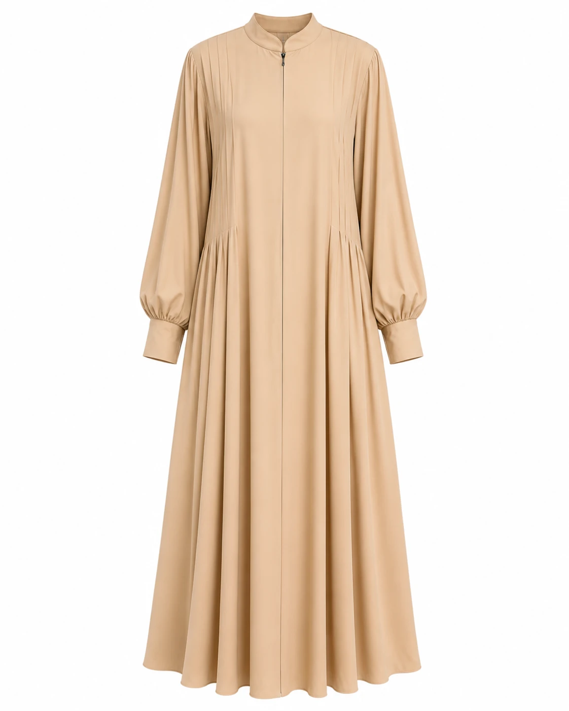 Elegant Beige Front-Zip Abaya with Pleated Details