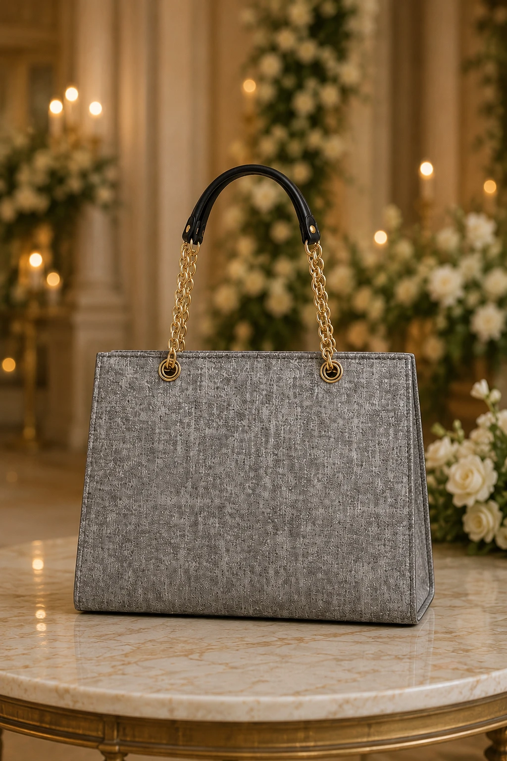 Silver Embellished Handbag with Gold Chain Strap