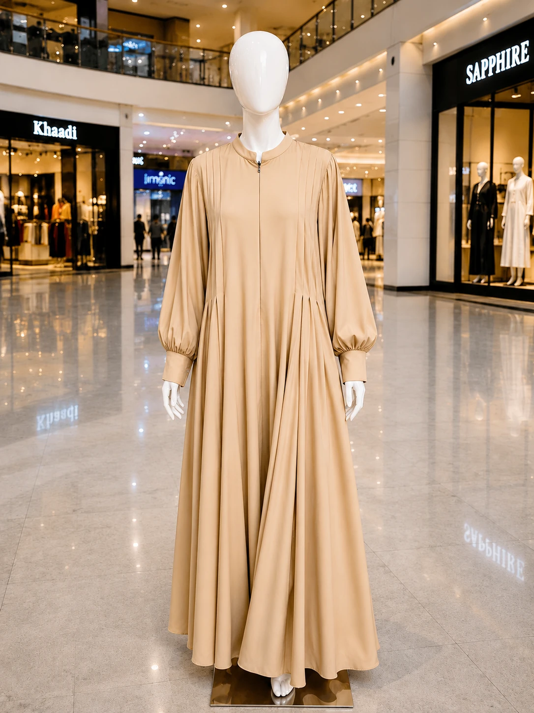 Elegant Beige Front-Zip Abaya with Pleated Details