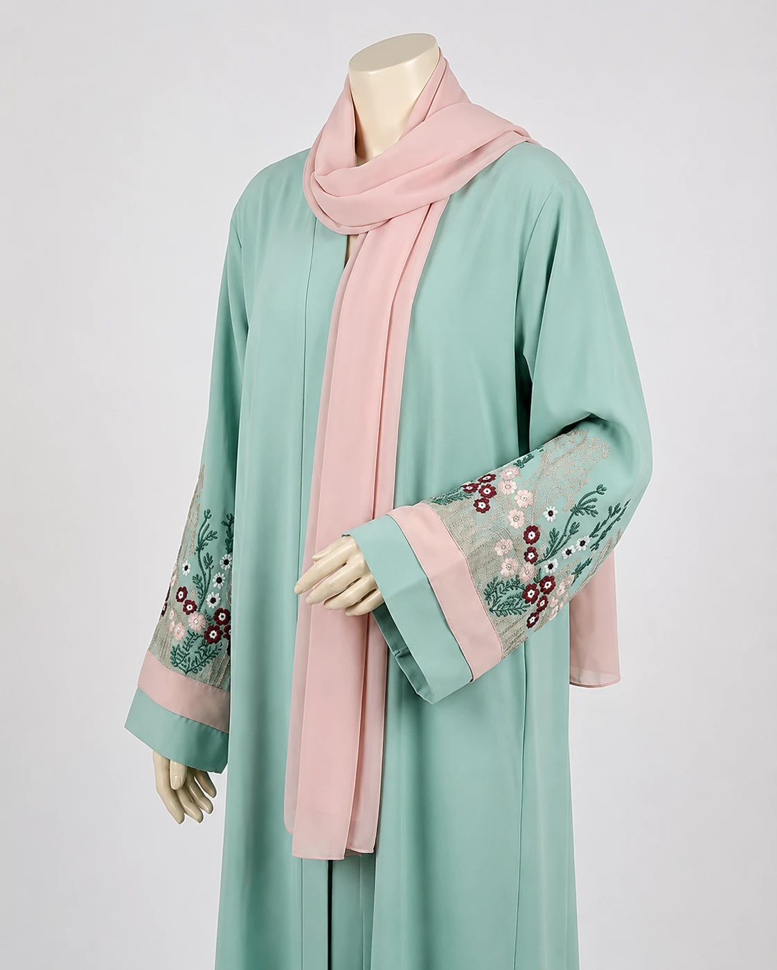 Mint Green Open Abaya with Floral Embroidered Sleeves
