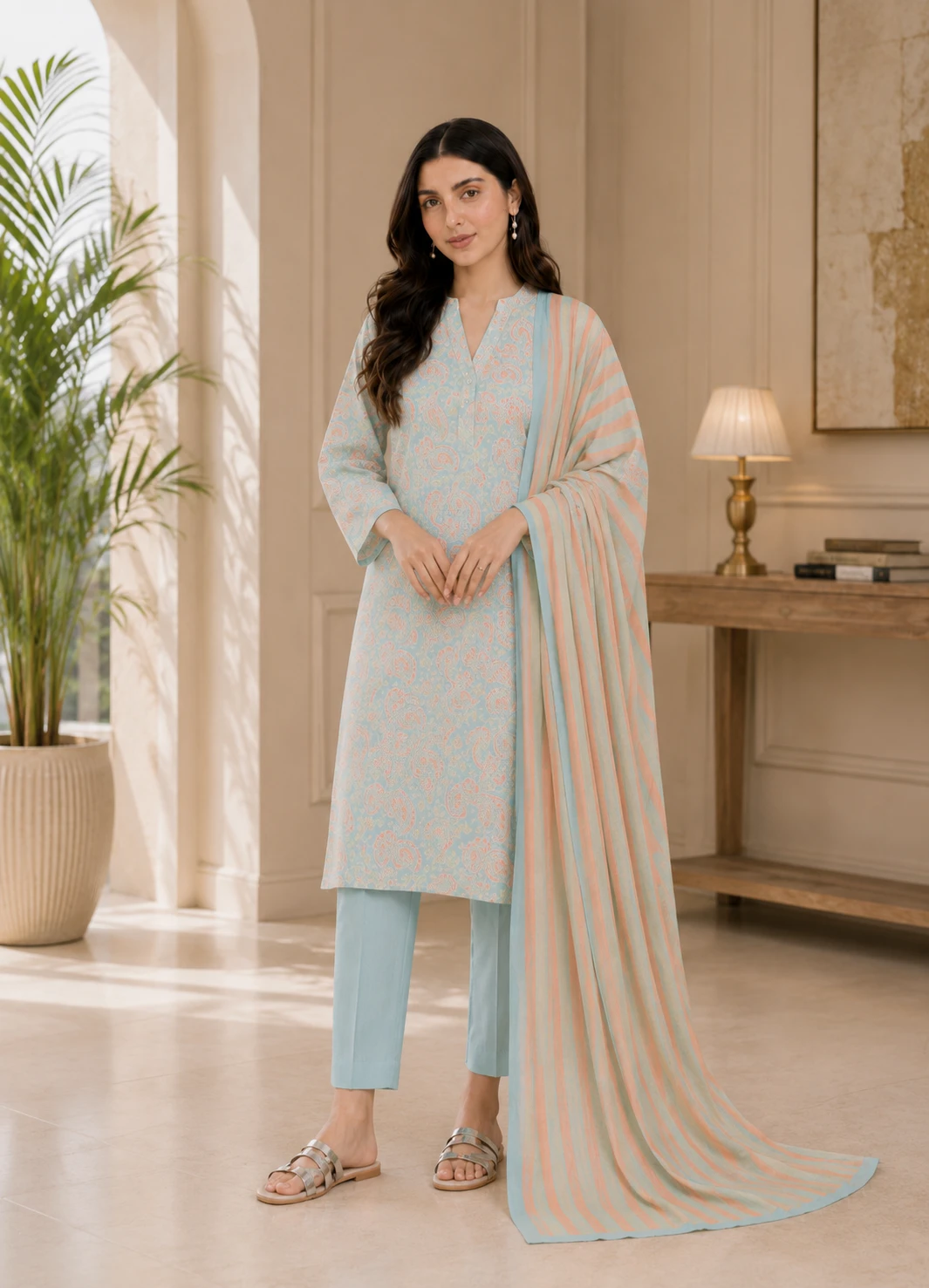 Sky Blue Paisley Lawn 3 Piece Unstitched Suit with Striped Dupatta | Premium Summer Collection