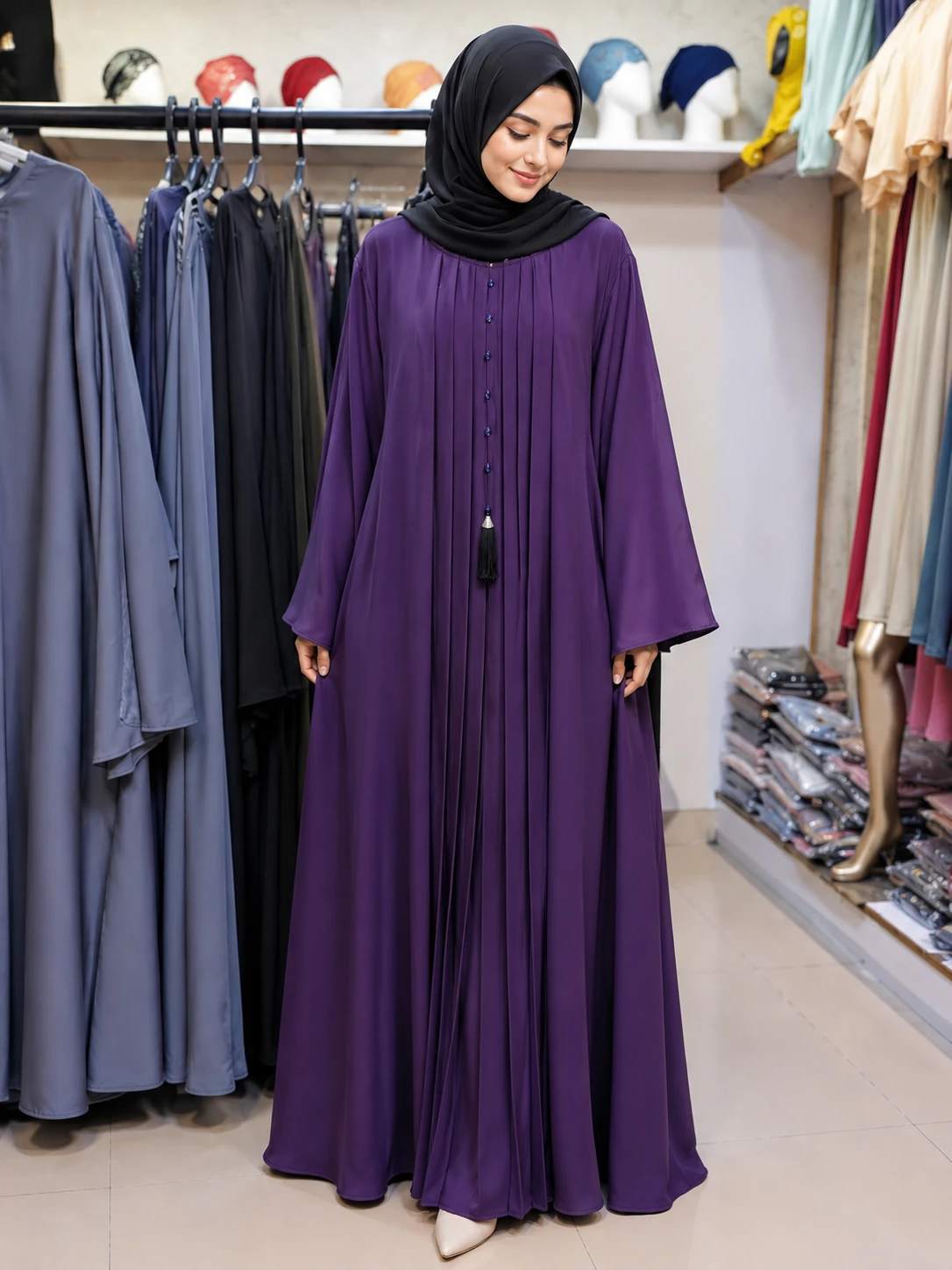 Elegant Purple Pleated Abaya with Tassel Detail