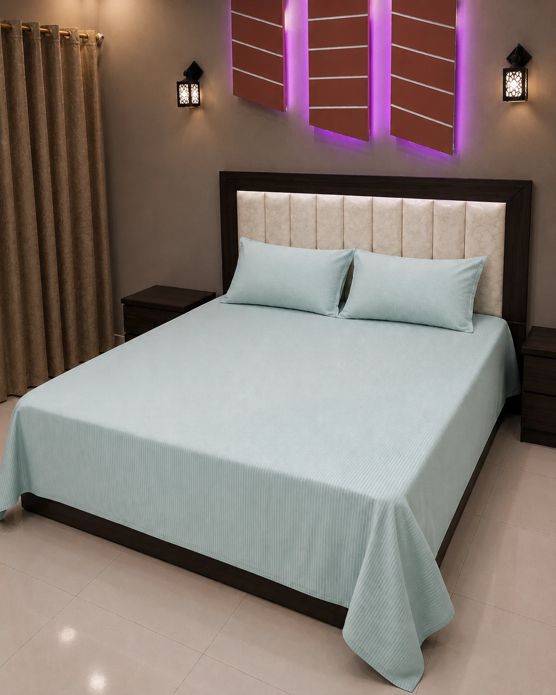 Premium Mint Green Striped Bedsheet Set
