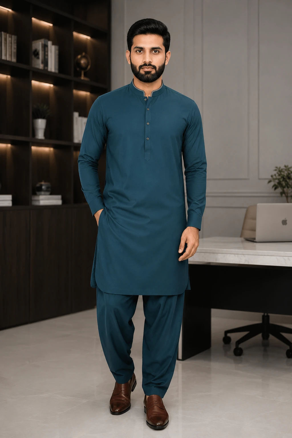 Men's Teal Blue Wash & Wear Shalwar Kameez | Premium Pakistani Traditional Suit