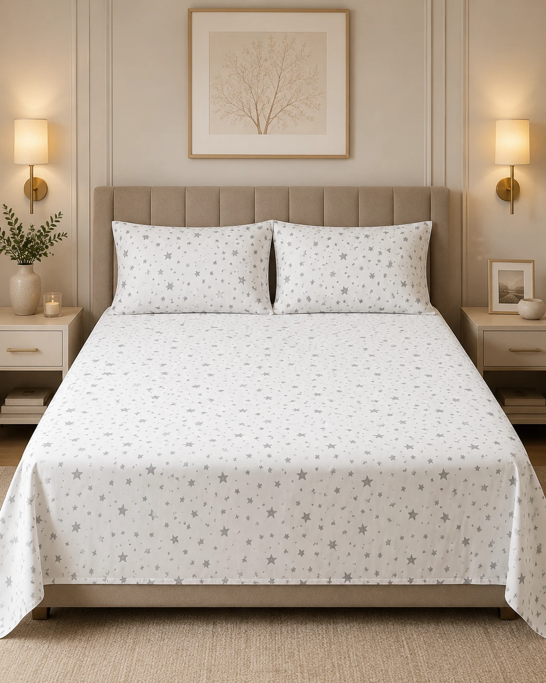 Grey Star Printed Bedsheet Set with Pillow Covers