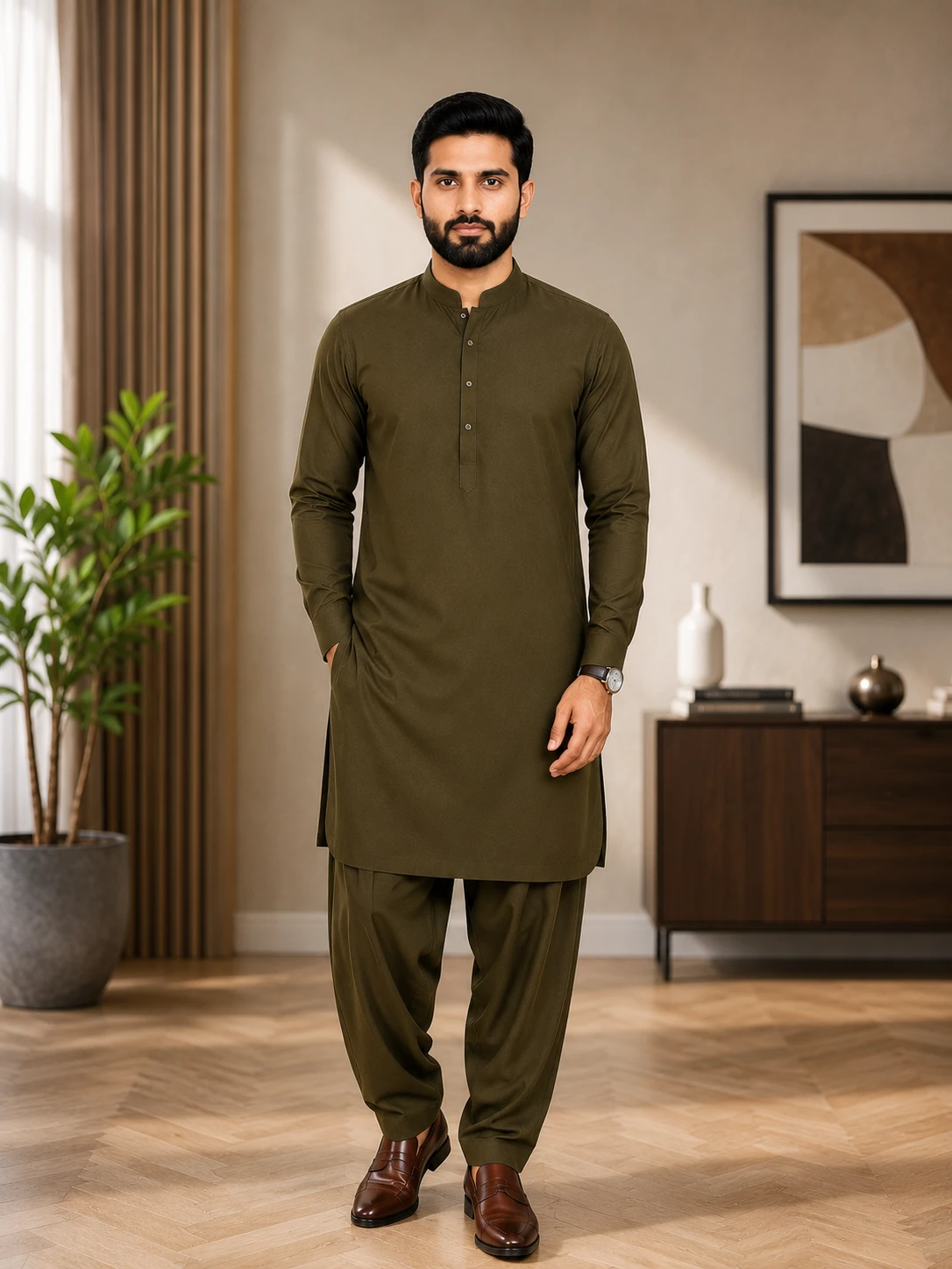 Men's Olive Green Wash & Wear Shalwar Kameez | Premium Pakistani Traditional Suit