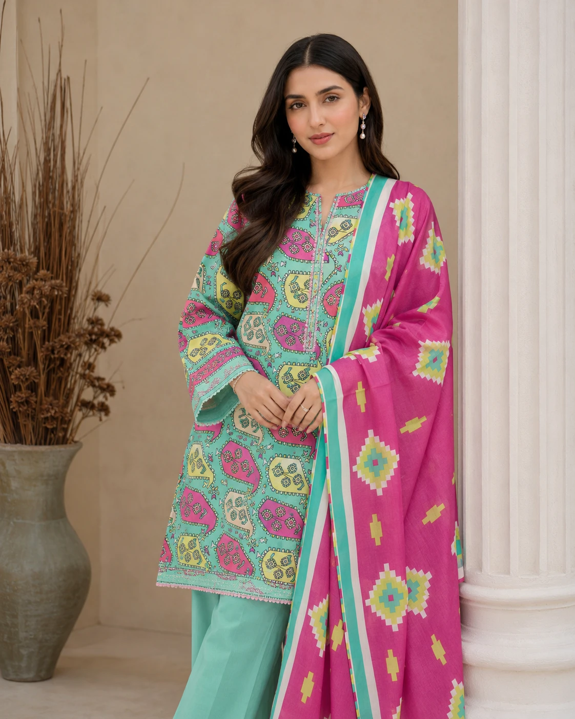 Khulda Mint Paisley 3 Piece Printed Lawn Suit