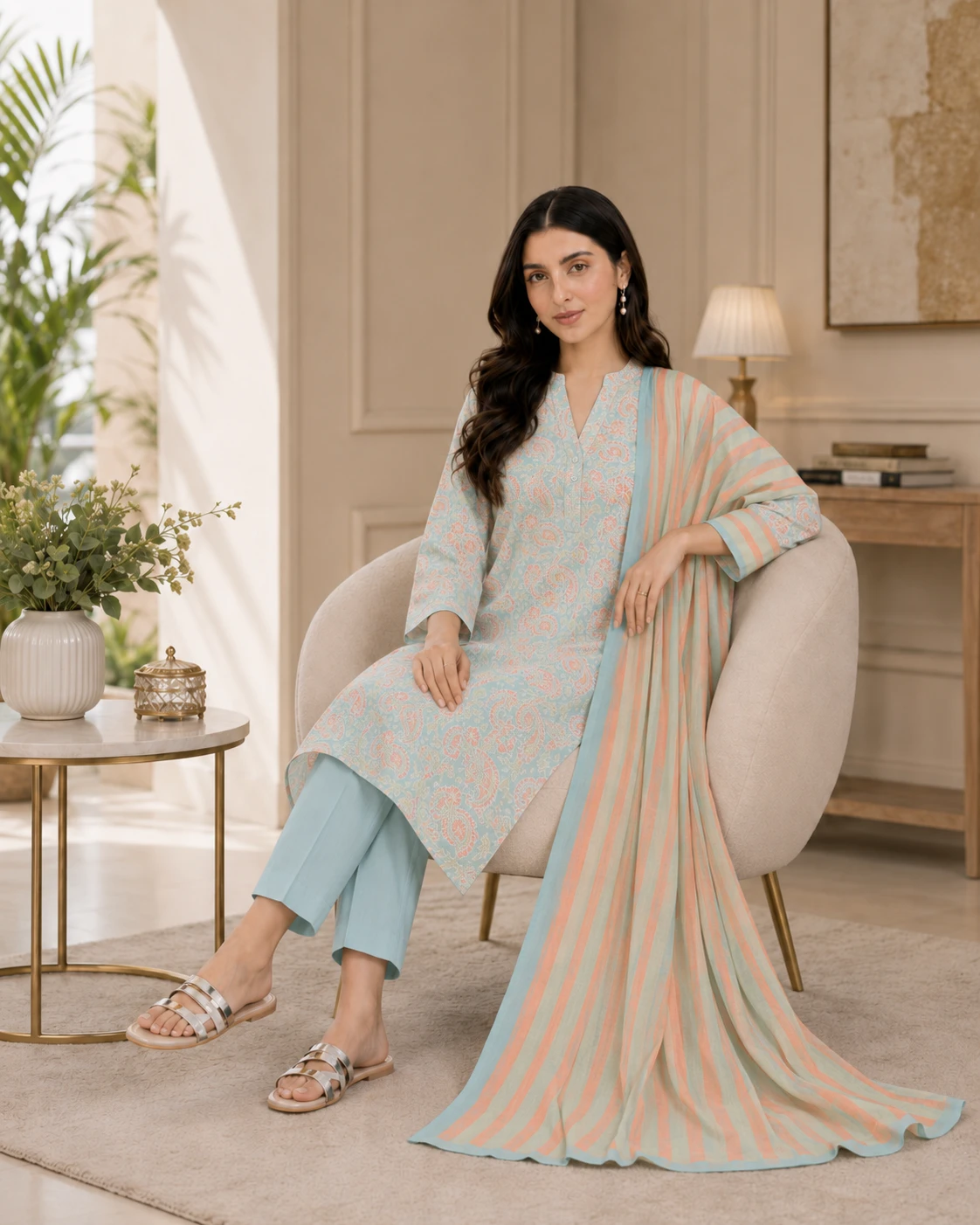 Sky Blue Paisley Lawn 3 Piece Unstitched Suit with Striped Dupatta | Premium Summer Collection