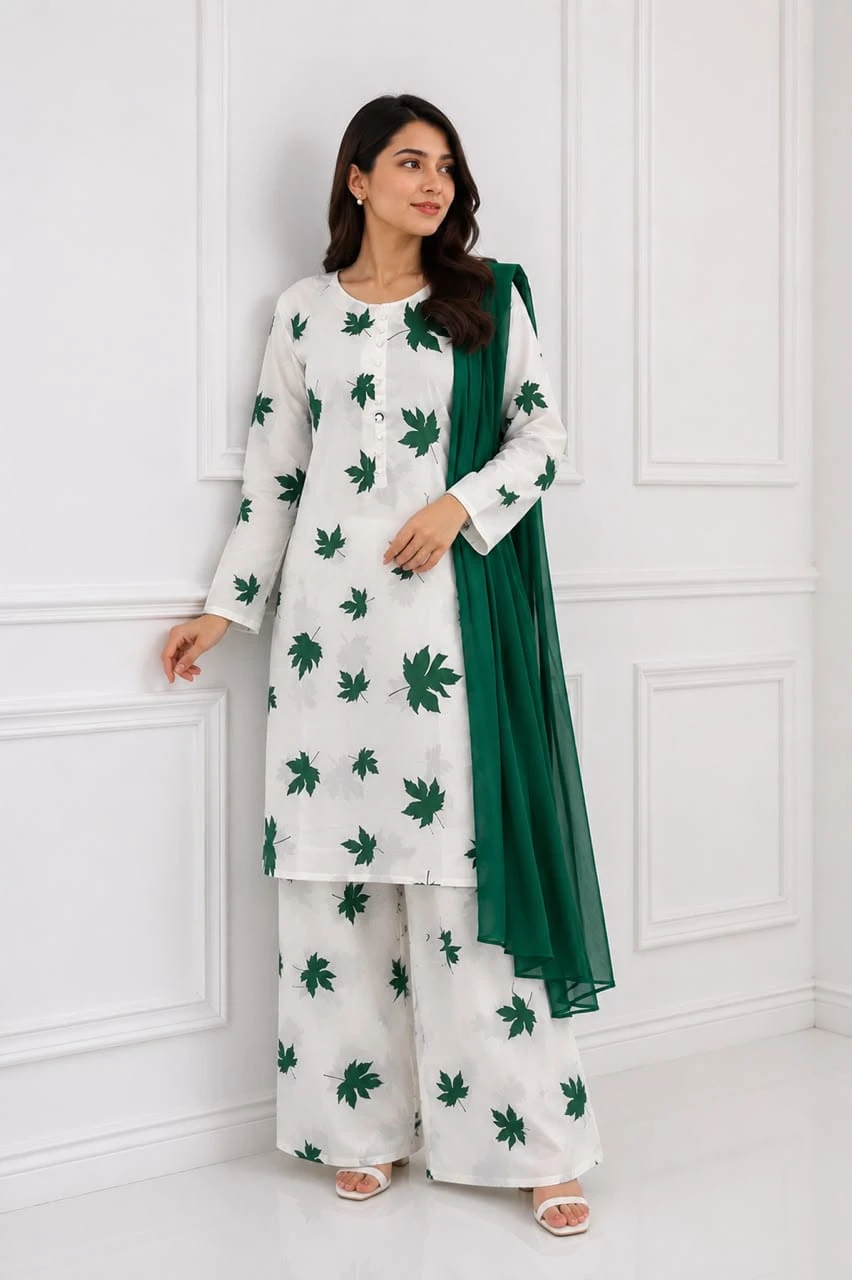 Green Leaf Print Kurta Set for 14 August