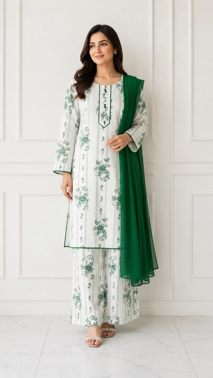 Green Floral Kurta Set for 14 August Independence Day