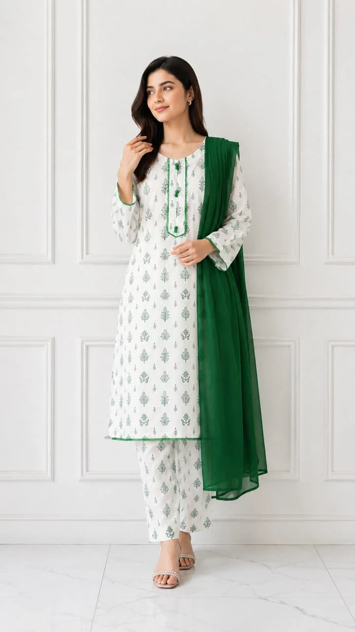 Green Printed Kurta Set for 14 August Independence Day