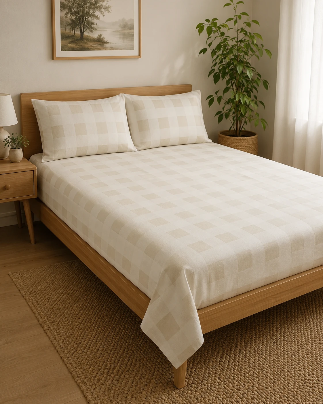 Beige Checkered Bedsheet Set with Pillow Covers