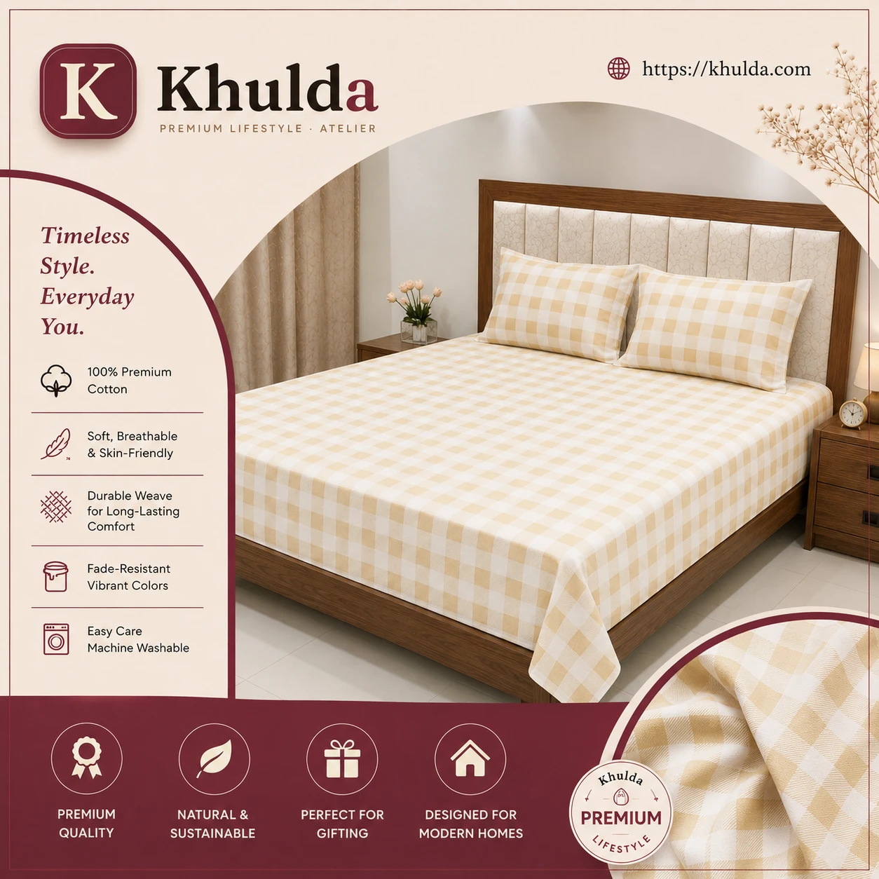 Premium Cream & Light Yellow Checkered Bedsheet Set