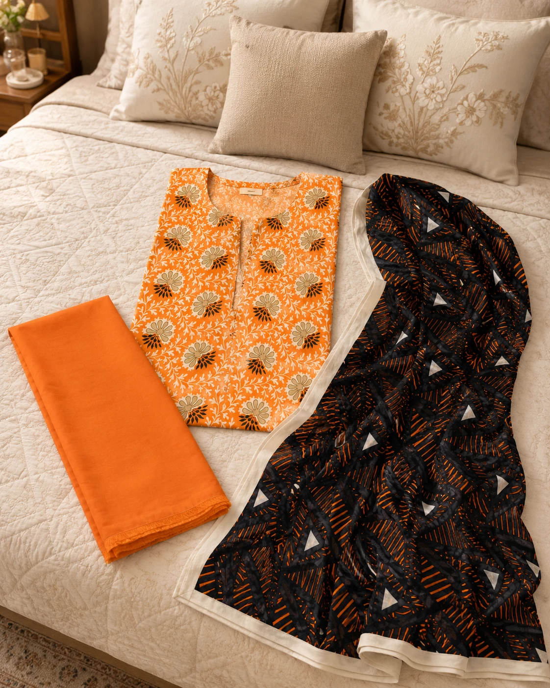 Khulda Orange Printed 3-Piece Suit with Black Geometric Dupatta