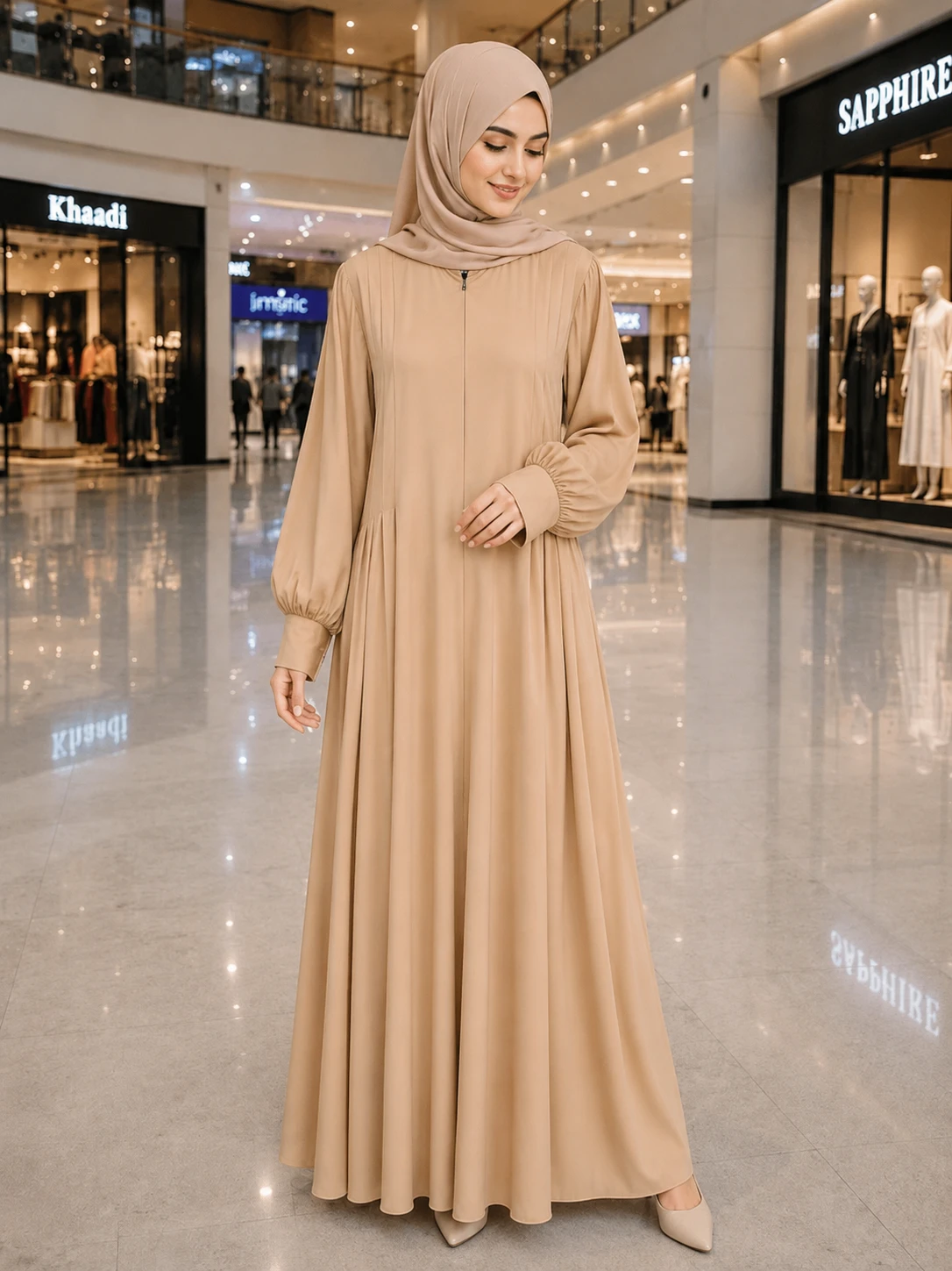 Elegant Beige Front-Zip Abaya with Pleated Details