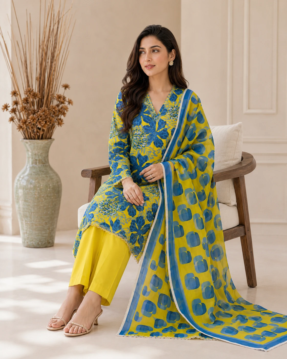 Khulda Yellow Blue Floral 3 Piece Lawn Suit for Women
