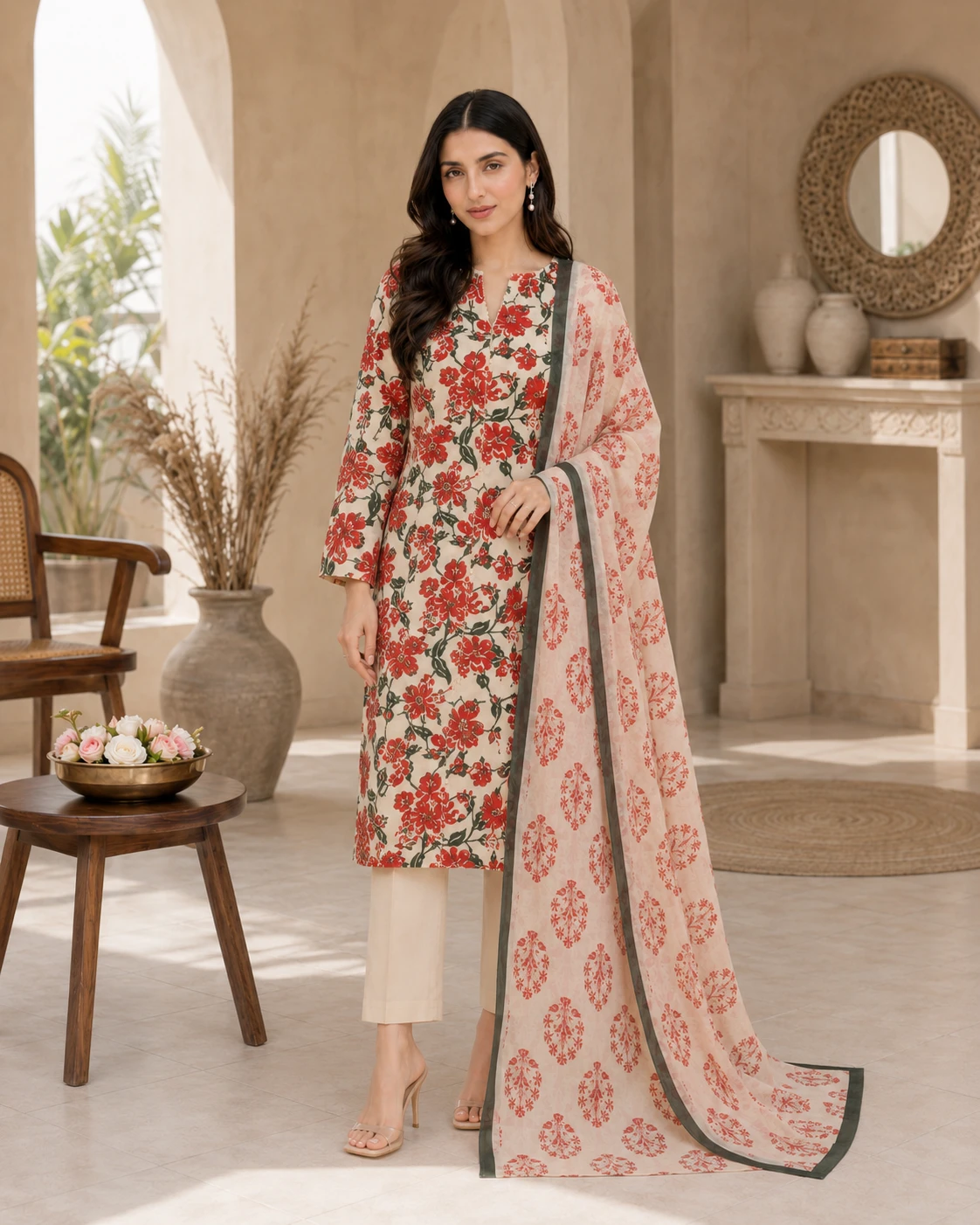 Red Floral Lawn 3 Piece Unstitched Suit with Printed Dupatta | Elegant Summer Collection