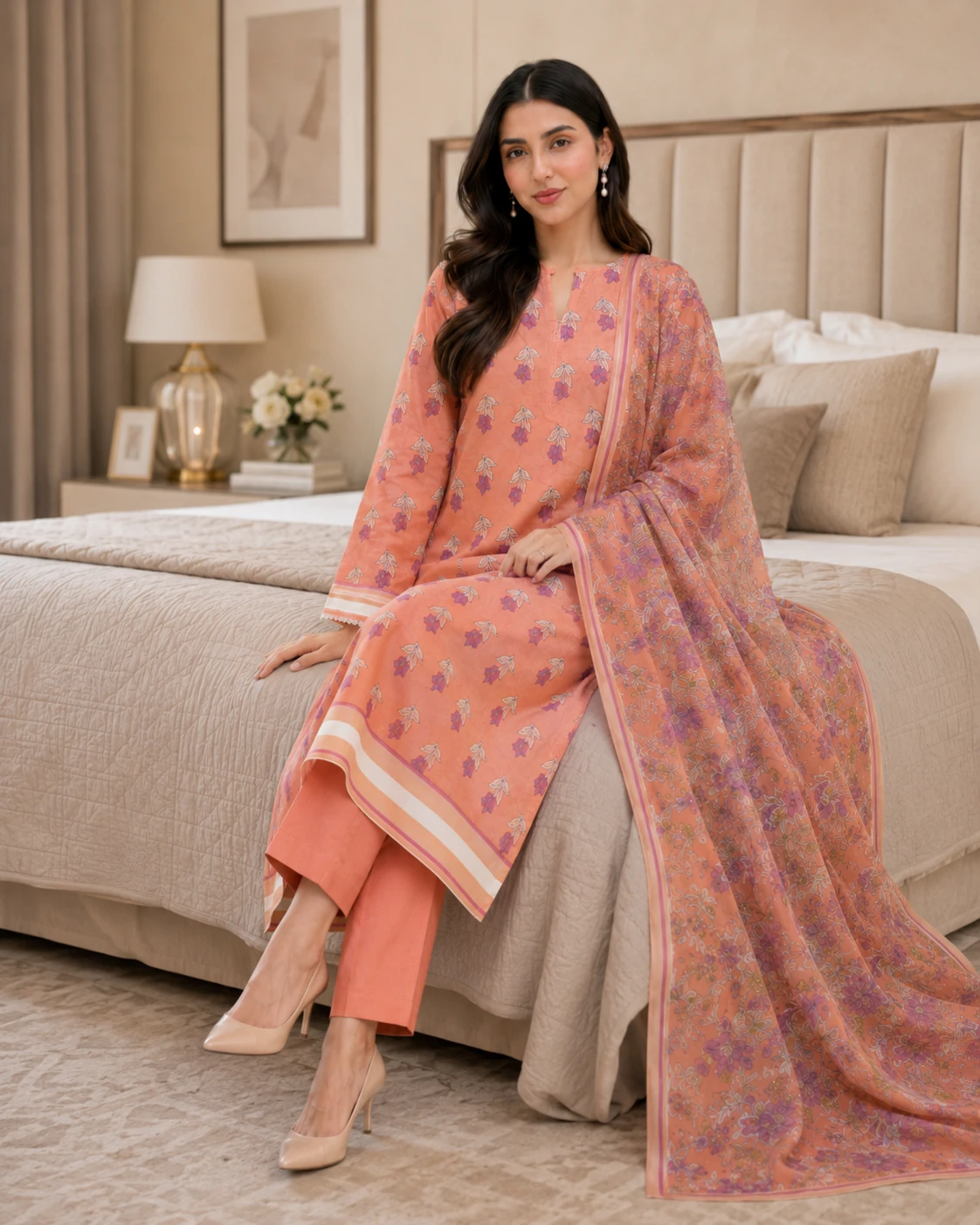 Khulda Peach Floral 3 Piece Printed Lawn Suit