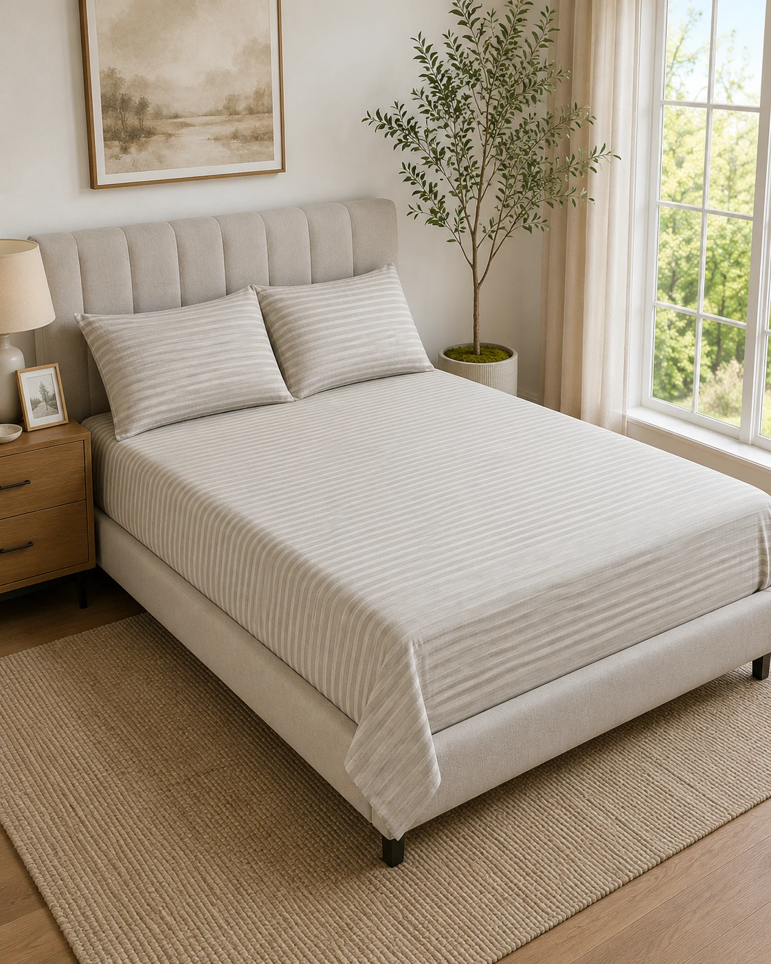 Beige Striped Bedsheet Set with Pillow Covers