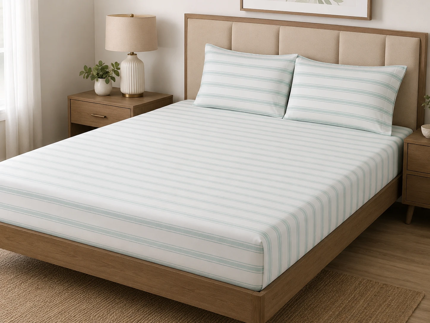 Elegant White & Aqua Striped Bedsheet